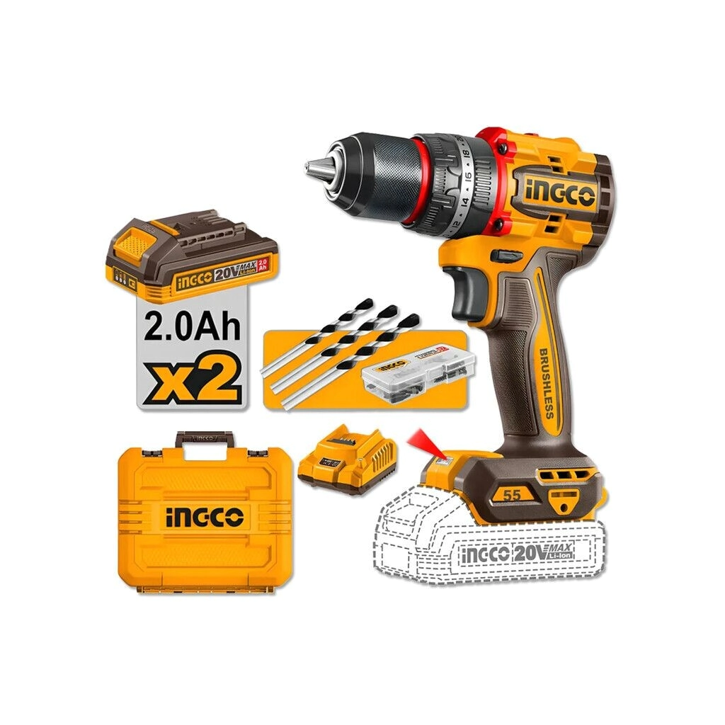 ATORNILLADOR 20V - TALADRO PERCUTOR 55NM - 13mm - 2BAT 2.0AH/CARG - MALETIN